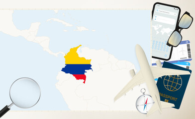 Colombia map and flag, cargo plane on the detailed map of Colombia with flag.