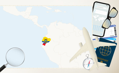 Ecuador map and flag, cargo plane on the detailed map of Ecuador with flag.