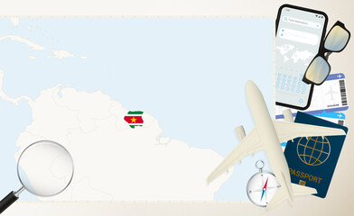 Suriname map and flag, cargo plane on the detailed map of Suriname with flag.