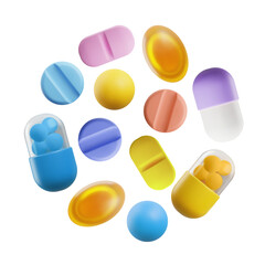 Different pills and capsules, realistic 3D vector illustration isolated on white background.
