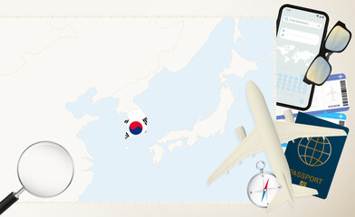 South Korea map and flag, cargo plane on the detailed map of South Korea with flag.