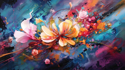 abstract, original, asymmetrical background. Intricate details, abstract flowers and leaves. Saturated spring colors