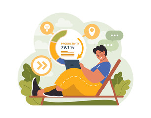 Workcation. Chatacter working away from the office. Digital nomad