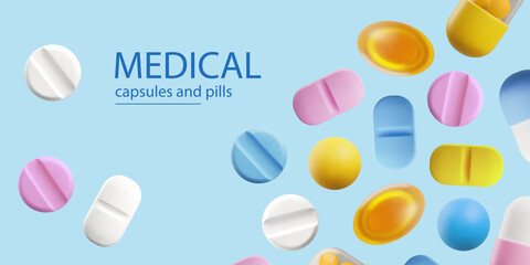 Medical capsules and pills banner template realistic vector illustration.