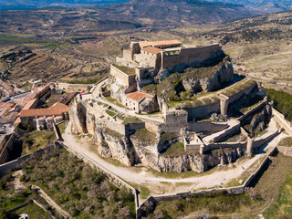 Aerial view of impregnable fortress in medieval village Morella, Spain