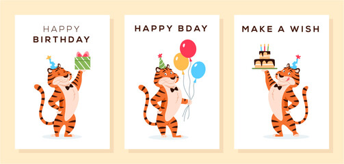 Cartoon smiling tigers in party hat with balloons, cake, present. Happy Birthday, B day, Make a wish greeting cards, invitation design set. Festive birth celebration postcards vector illustration.