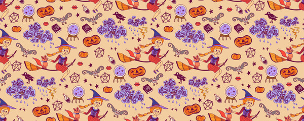 Vector artwork background with holiday symbols of the day of the dead. Halloween seamless pattern. Cute autumn design. Scary horror sketch art. Magic wallpaper illustration with ghost and pumpkin