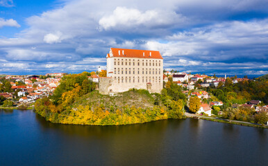 Aerial cityscape of castle in Czech town Plumlov, Olomouc Region © JackF