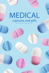 Vertical banner with various medical capsules and pills 3D style