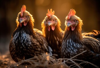 chickens walking around the farm yard. Generative AI