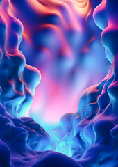 Abstract neon concept. Abstract idea with waves. Imitation of neon rock texture. Depth of space. Copy space. Neon ultramarine blue, turquoise, pink and apricot color. Blur effect and glow.Digital art.