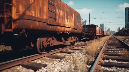 Obraz premium unclaimed rusty freight wagons derailed or on abandoned branches. wartime, crisis, misfortune, disaster. environment and insurance concept.Generative AI 