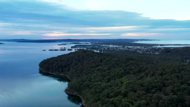 Lake Macquarie Murrays beach lake shore towns in Australia aerial 4k.
