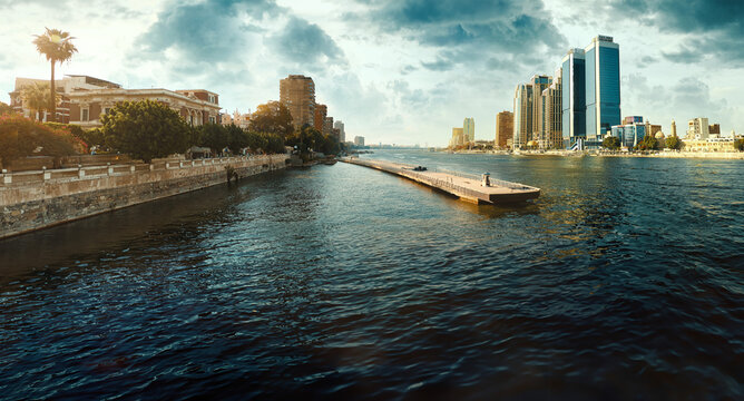 Egypt, Cairo - Panoramic View of Nile River and Modern Skyscrapers, Buildings near Zamalek and Downtown Cairo, Sunset View.