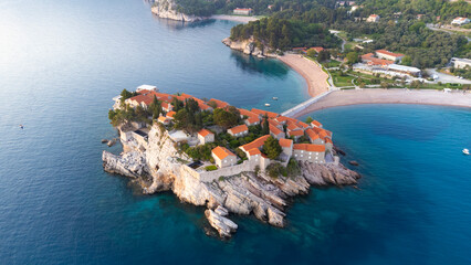 Aerial view of Sveti Stefan in the evening light - Sveti Stefan, Montenegro