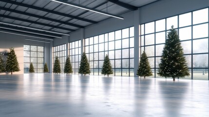 Large spacious room with Christmas trees. Christmas tree farm.Generative AI
