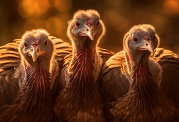  close-up three domestic turkey walks in the yard of the poultry farm.Generative AI