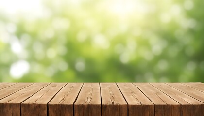 The empty wooden table top with blur background of the forest. Empty tabletop for design on the background of nature. Generative AI