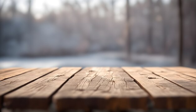 The empty wooden table top with blur background of the forest. Empty tabletop for design on the background of nature. Generative AI