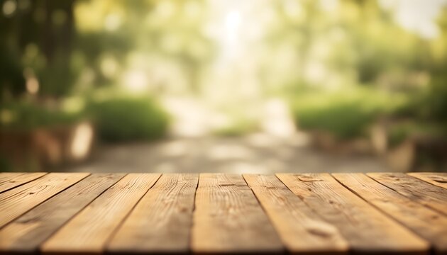 The empty wooden table top with blur background of the forest. Empty tabletop for design on the background of nature. Generative AI