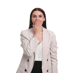Beautiful emotional businesswoman in suit on white background