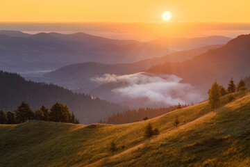 Ukraine, Ivano Frankivsk region, Verkhovyna district, Dzembronya village, Rolling landscape in Carpathian Mountains at sunset