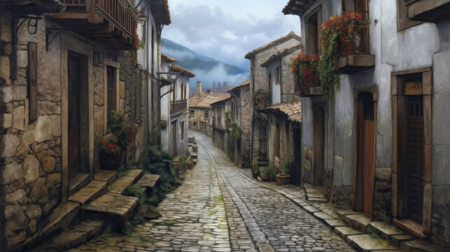 Fototapeta narrow old streets of Italy with stone road. Generative AI