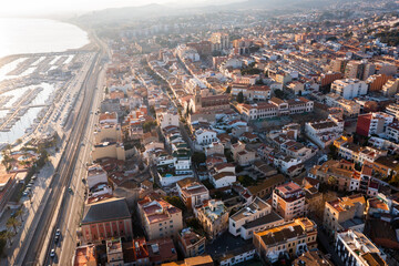 Bird's eye view of El Masnou - city on shore of Mediterranean Sea in province of Barcelona, Catalonia, Spain.