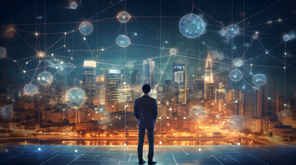 Businessman generating wireframe business global network connection on worldwide digital marketing customer data analytics. Globalization strategy and smart city technology virtual AI theme
