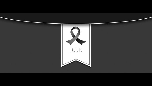 Video of funeral card with black ribbon and initials R.I.P.