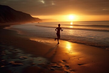 Naklejka premium An athlete, running on an isolated beach at the break of dawn. Generative AI