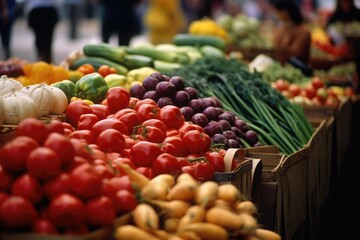 Fototapeta na wymiar At a bustling farmer's market, vendors display a vibrant array of fresh produce. Generative AI