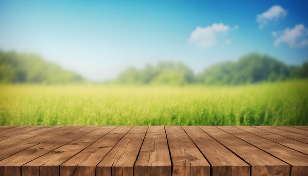 The empty wooden brown table top with blur background of farmland and blue sky. Exuberant image. Generative AI