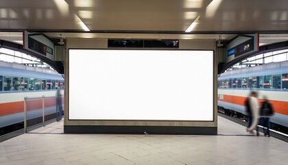Empty advertising billboard in a train station with blurred people, Generative AI