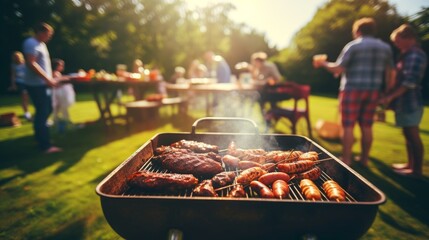 a photo of a family and friends having a picnic barbeque grill in the garden. having fun eating and...