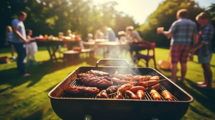 Foto op Plexiglas a photo of a family and friends having a picnic barbeque grill in the garden. having fun eating and enjoying time. sunny day in the summer. blur background. Generative AI © SayLi