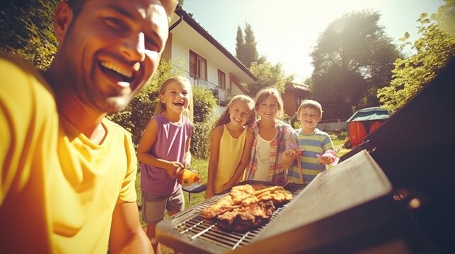 a selfie photo of a american family and friends having a picnic barbeque grill in the garden. having fun eating and enjoying time. sunny day in the summer. Generative AI