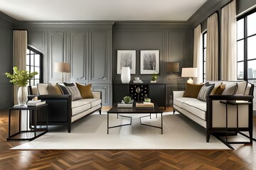 Spacious and open, eclectic style living room with elegant sofa, rattan coffee table and chair and classic black sideboard. Modern living room.