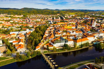 Fototapeta na wymiar Panoramic view from the drone on the city Pisek. Czech Republic