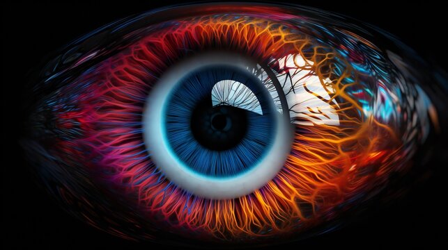 A detailed close-up of a vibrant and colorful iris in an eye