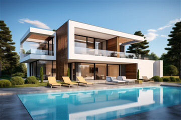Fototapeta premium Modern villa with pool and deck with interior. AI generated content