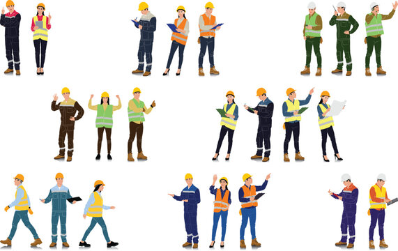 Hand-drawn set of male and female workers with helmets and vests. Workers in different poses and color options. Vector flat style illustration isolated on white
