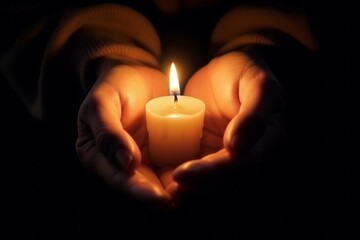 Burning candle in hands with selective focus. Concept symbol. AI generated, human enhanced