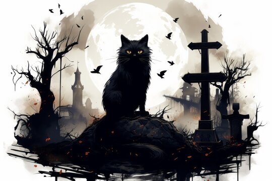 Black cat in a cemetery in a creative drawing style. The concept of superstition. AI generated, human enhanced