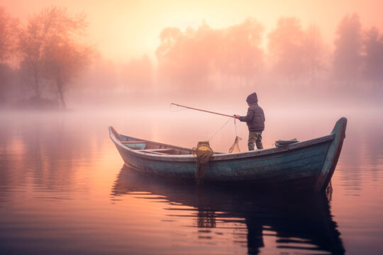 The boy is a fisherman on a fishing trip. Background with selective focus and copy space