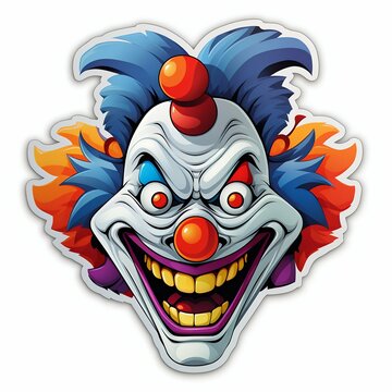 Evil and Scary Clown Sticker with a Black Border and Florescent Colors on White Background. Generative ai