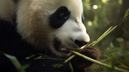 Naklejka premium beautiful panda bear in its natural habitat eating bamboo. Post-processed generative AI