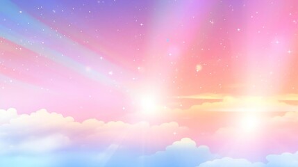 A vibrant sky filled with fluffy clouds and shimmering stars