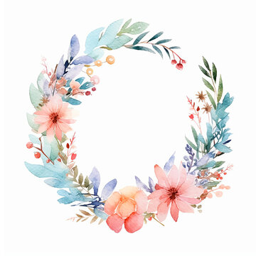 Watercolor Floral Wreath with Soft Pastel Spring Wildflower Floral Mix, Ethereal Leaves and Branches, Wedding Card, Logo, Invitations, AI Generated.
