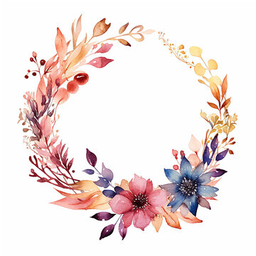Watercolor Floral Wreath,  Vibrant Autumn Floral Mix, Ethereal Leaves and Branches, Wedding Card, Logo, Invitations, AI Generated.